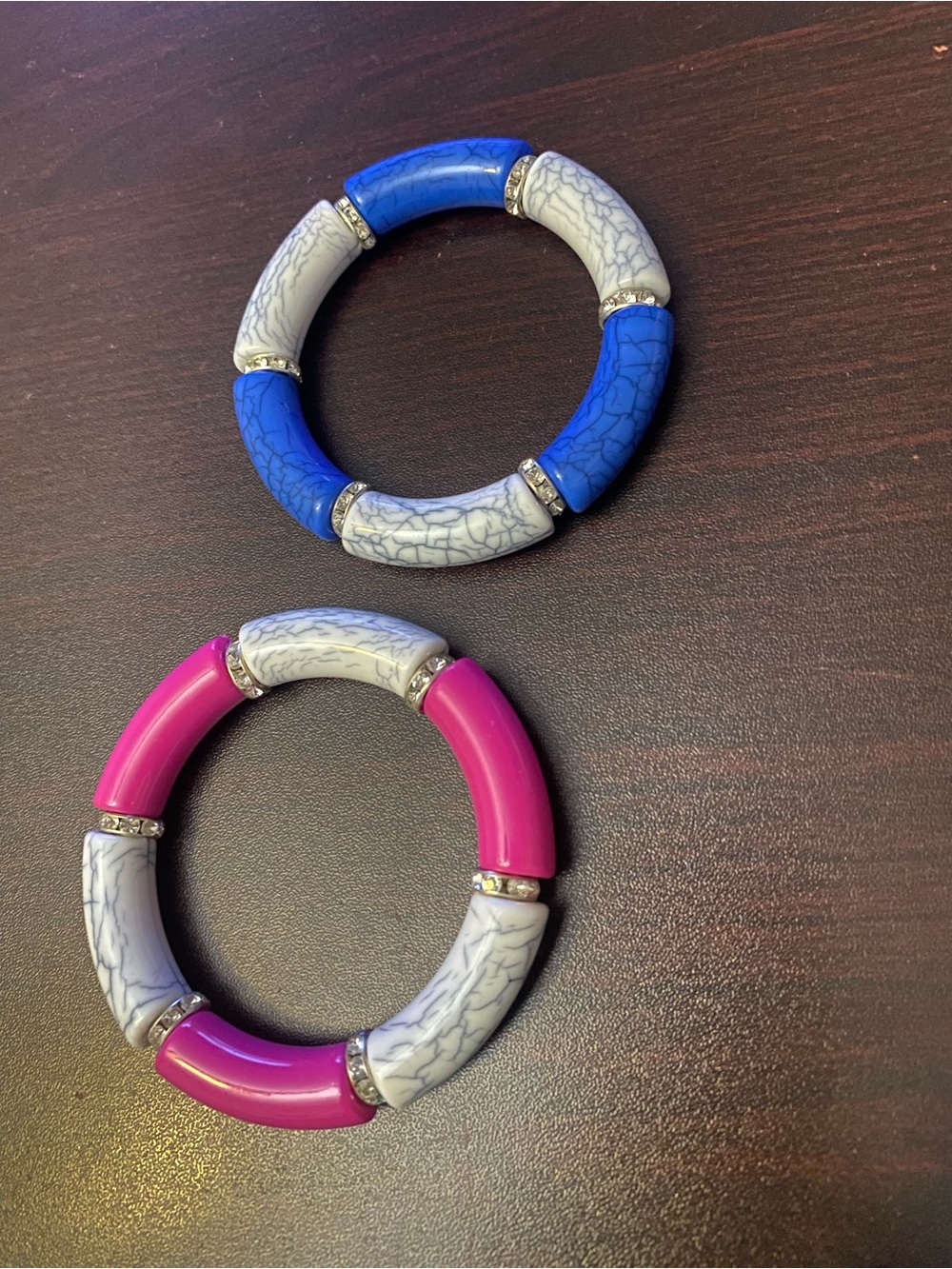 Handmade Bangle Bead Stretch Bracelet Set - Pink, Blue & White